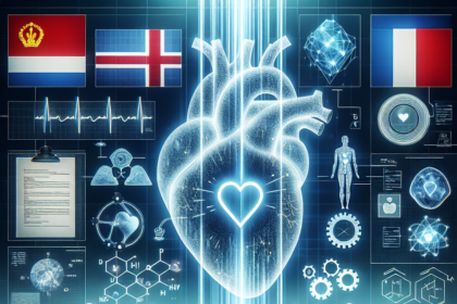 En gruppe mennesker sidder omkring et bord med computere og analyserer et lysende digitalt hjertehologram, medicinske diagrammer, formler og internationale flag, der vises på skærme i et futuristisk miljø. - Kunstig intelligens AI