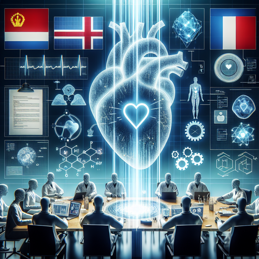 En gruppe mennesker sidder omkring et bord med computere og analyserer et lysende digitalt hjertehologram, medicinske diagrammer, formler og internationale flag, der vises på skærme i et futuristisk miljø. - Kunstig intelligens AI