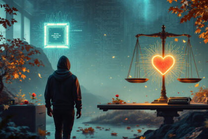 En person i hættetrøje står i et tåget, futuristisk rum med glødende skærme, efterårsblade og en stor vægt med et strålende hjerte på den ene side; scenen blander natur og teknologi. - Kunstig intelligens AI