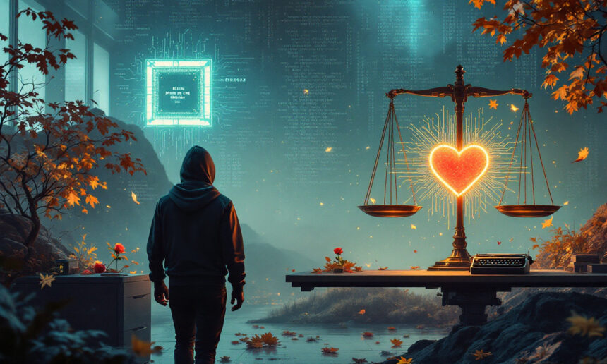 En person i hættetrøje står i et tåget, futuristisk rum med glødende skærme, efterårsblade og en stor vægt med et strålende hjerte på den ene side; scenen blander natur og teknologi. - Kunstig intelligens AI