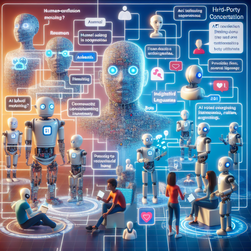 En futuristisk scene viser humanoide robotter og mennesker, der interagerer, omgivet af holografiske diagrammer og talebobler, der diskuterer AI-koncepter. Mennesker sidder med bærbare computere, mens robotter deltager i samtaler og fremhæver avanceret AI-integration. - Kunstig intelligens AI