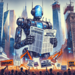 En kæmpestor robot står i en by og læser en avis med rodet tekst. Folk rundt omkring holder protestskilte med sætninger om kontrol, gennemsigtighed og censur. Skyskrabere og kraner er synlige i baggrunden. - Kunstig intelligens AI