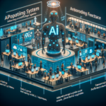 En futuristisk kontorscene med mennesker, der samarbejder ved skriveborde, en stor humanoid AI-figur i midten, digitale skærme og tekst om AI-integration og onboarding-systemer, der omgiver arbejdsområdet. - Kunstig intelligens AI