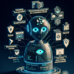 En futuristisk robot med lysende øjne er omgivet af svævende digitale ikoner og tekstbobler, der symboliserer kunstig intelligens, kommunikation og forskellige onlineplatforme i en sci-fi-stil. - Kunstig intelligens AI