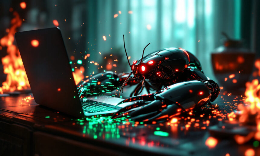 Et robotinsekt med glødende røde øjne skriver på en bærbar computer midt i gnister og flammer, hvilket skaber en dramatisk, futuristisk atmosfære i et svagt oplyst rum. - Kunstig intelligens AI
