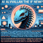 En futuristisk robotdinosaur med lysende blå detaljer vises på en baggrund med cybertema. En tekstblok med teknisk jargon og kodelignende symboler vises nedenunder og giver billedet et sci-fi- og digitalt præg. - Kunstig intelligens AI