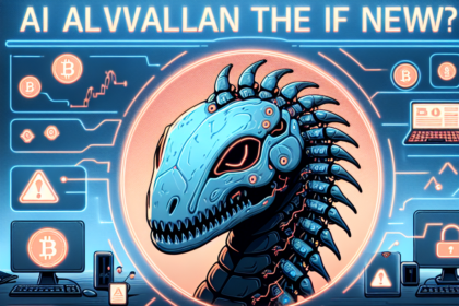 En futuristisk robotdinosaur med lysende blå detaljer vises på en baggrund med cybertema. En tekstblok med teknisk jargon og kodelignende symboler vises nedenunder og giver billedet et sci-fi- og digitalt præg. - Kunstig intelligens AI