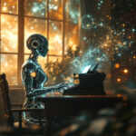 En futuristisk humanoid robot sidder ved et skrivebord og skriver på en gammel skrivemaskine, mens glødende kredsløb og partikler hvirvler rundt. Klart lys strømmer ind gennem store vinduer, og planter pynter i det hyggelige rum. - Kunstig intelligens AI