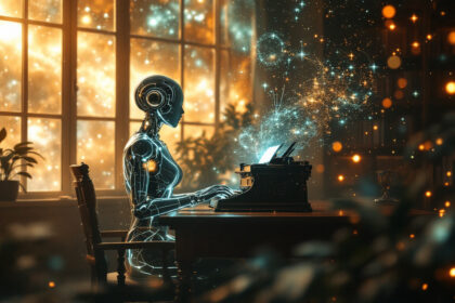 En futuristisk humanoid robot sidder ved et skrivebord og skriver på en gammel skrivemaskine, mens glødende kredsløb og partikler hvirvler rundt. Klart lys strømmer ind gennem store vinduer, og planter pynter i det hyggelige rum. - Kunstig intelligens AI
