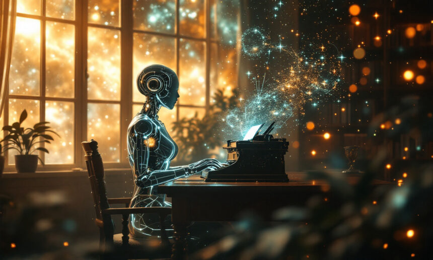 En futuristisk humanoid robot sidder ved et skrivebord og skriver på en gammel skrivemaskine, mens glødende kredsløb og partikler hvirvler rundt. Klart lys strømmer ind gennem store vinduer, og planter pynter i det hyggelige rum. - Kunstig intelligens AI