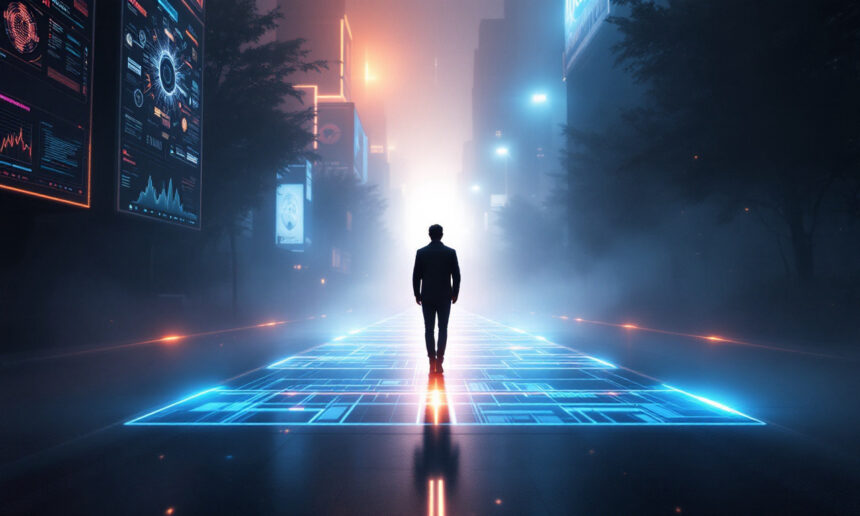 En person i jakkesæt går på en lysende, futuristisk digital sti i en tåget by om natten, omgivet af høje bygninger med oplyste skærme og datavisualiseringer. - Kunstig intelligens AI