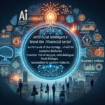 En futuristisk grafik viser, hvordan AI-teknologi påvirker den finansielle sektor, med lysende datadiagrammer, digitale ikoner og virksomhedssilhuetter. Den centrale tekst beskriver AI-fordele i finansverdenen, men indeholder tydelige stavefejl. - Kunstig intelligens AI