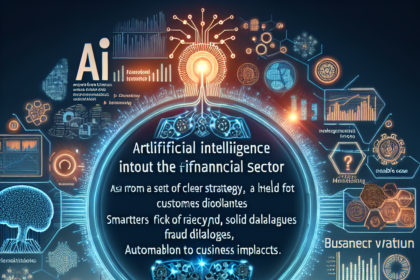 En futuristisk grafik viser, hvordan AI-teknologi påvirker den finansielle sektor, med lysende datadiagrammer, digitale ikoner og virksomhedssilhuetter. Den centrale tekst beskriver AI-fordele i finansverdenen, men indeholder tydelige stavefejl. - Kunstig intelligens AI