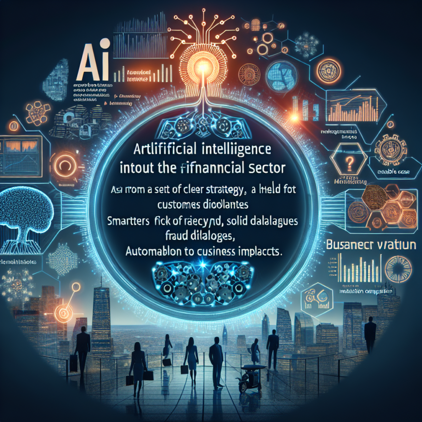 En futuristisk grafik viser, hvordan AI-teknologi påvirker den finansielle sektor, med lysende datadiagrammer, digitale ikoner og virksomhedssilhuetter. Den centrale tekst beskriver AI-fordele i finansverdenen, men indeholder tydelige stavefejl. - Kunstig intelligens AI