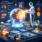 En holografisk figur interagerer med en lysende digital globus, omgivet af futuristiske skærme, diagrammer, fly, landemærker og intelligente køretøjer, der repræsenterer avanceret AI og global travel management-teknologi. - Kunstig intelligens AI