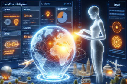 En holografisk figur interagerer med en lysende digital globus, omgivet af futuristiske skærme, diagrammer, fly, landemærker og intelligente køretøjer, der repræsenterer avanceret AI og global travel management-teknologi. - Kunstig intelligens AI