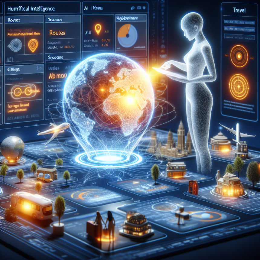 En holografisk figur interagerer med en lysende digital globus, omgivet af futuristiske skærme, diagrammer, fly, landemærker og intelligente køretøjer, der repræsenterer avanceret AI og global travel management-teknologi. - Kunstig intelligens AI