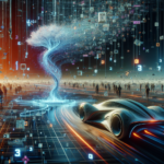 En futuristisk bil kører på et digitalt gitter og passerer en glødende, trælignende struktur lavet af lys og datasymboler med mennesker og strømme af flydende digitale ikoner i baggrunden. - Kunstig intelligens AI