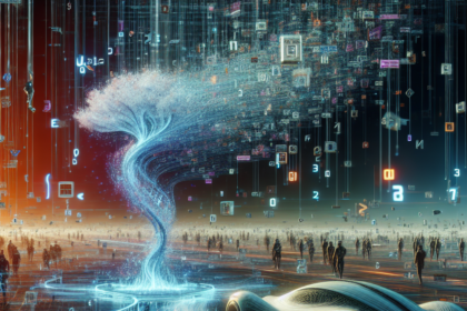 En futuristisk bil kører på et digitalt gitter og passerer en glødende, trælignende struktur lavet af lys og datasymboler med mennesker og strømme af flydende digitale ikoner i baggrunden. - Kunstig intelligens AI