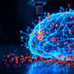 En digital illustration af en hjerne lavet af blå glødende netværkslinjer og knudepunkter med orange kuber, der tilføjes af et præcist mekanisk instrument, som repræsenterer kunstig intelligens eller brain-computer interfacing. - Kunstig intelligens AI