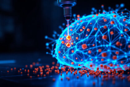 En digital illustration af en hjerne lavet af blå glødende netværkslinjer og knudepunkter med orange kuber, der tilføjes af et præcist mekanisk instrument, som repræsenterer kunstig intelligens eller brain-computer interfacing. - Kunstig intelligens AI