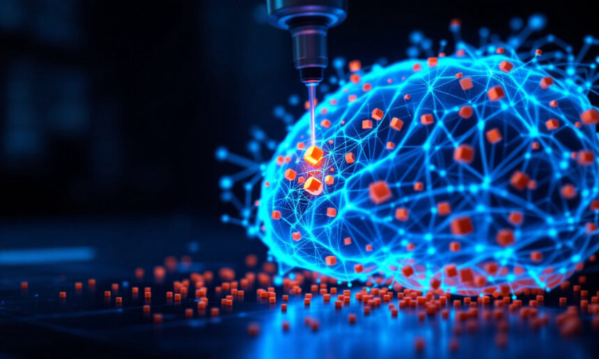 En digital illustration af en hjerne lavet af blå glødende netværkslinjer og knudepunkter med orange kuber, der tilføjes af et præcist mekanisk instrument, som repræsenterer kunstig intelligens eller brain-computer interfacing. - Kunstig intelligens AI