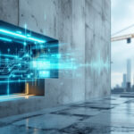 Et futuristisk digitalt interface med lysende blå kredsløb er indlejret i en betonvæg, og i den slørede baggrund kan man se et bybillede og en byggekran. - Kunstig intelligens AI