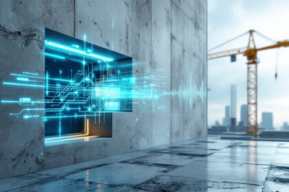 Et futuristisk digitalt interface med lysende blå kredsløb er indlejret i en betonvæg, og i den slørede baggrund kan man se et bybillede og en byggekran. - Kunstig intelligens AI