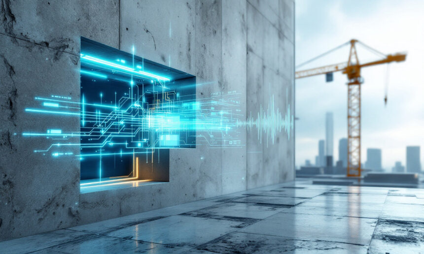 Et futuristisk digitalt interface med lysende blå kredsløb er indlejret i en betonvæg, og i den slørede baggrund kan man se et bybillede og en byggekran. - Kunstig intelligens AI