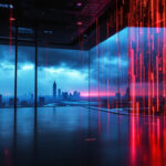 Et futuristisk rum med glasvægge har udsigt til en bys skyline i skumringen, med mørke skyer udenfor og glødende rød digital kode projiceret på vinduerne, hvilket skaber en højteknologisk, cyberpunk-atmosfære. - Kunstig intelligens AI
