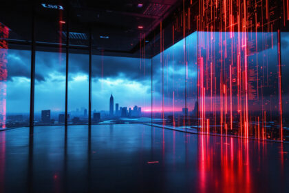Et futuristisk rum med glasvægge har udsigt til en bys skyline i skumringen, med mørke skyer udenfor og glødende rød digital kode projiceret på vinduerne, hvilket skaber en højteknologisk, cyberpunk-atmosfære. - Kunstig intelligens AI