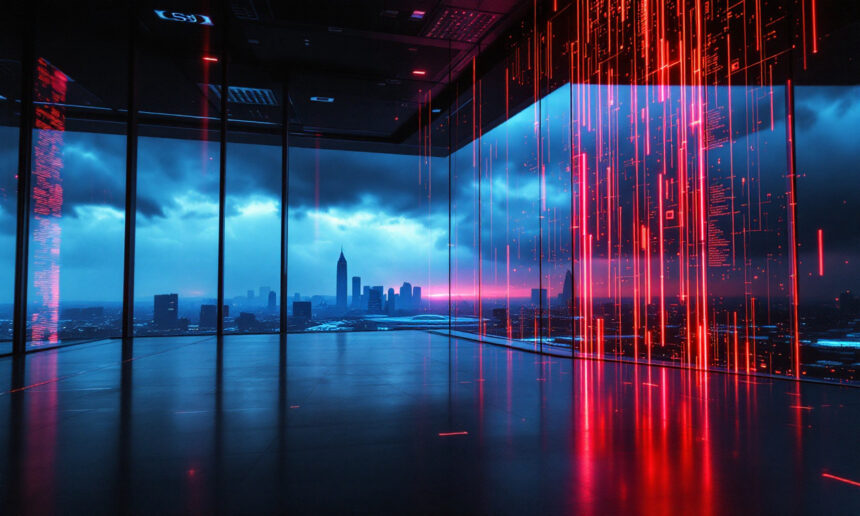 Et futuristisk rum med glasvægge har udsigt til en bys skyline i skumringen, med mørke skyer udenfor og glødende rød digital kode projiceret på vinduerne, hvilket skaber en højteknologisk, cyberpunk-atmosfære. - Kunstig intelligens AI