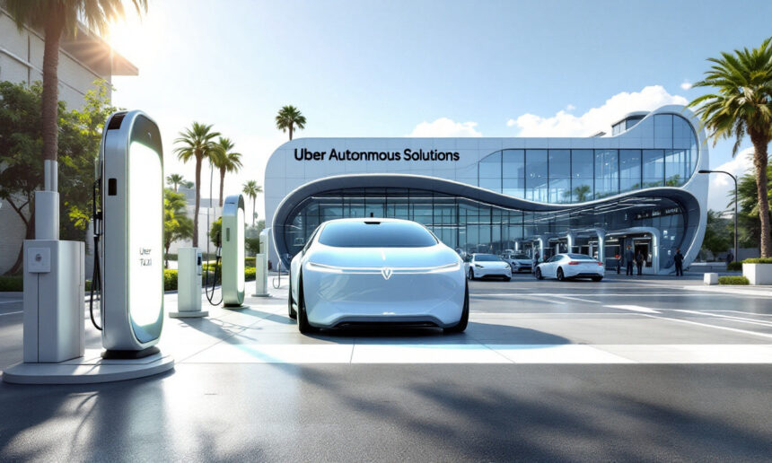 En elegant hvid selvkørende bil oplades ved en elektrisk station uden for en moderne glasbygning med påskriften "Uber Autonomous Solutions", med andre lignende køretøjer og palmer i baggrunden. - Kunstig intelligens AI