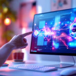 En hånd peger på en computerskærm, der viser farverig, futuristisk digital grafik og interface-elementer. Det moderne arbejdsområde er blødt oplyst, og der ligger et tastatur og en mus på skrivebordet. - Kunstig intelligens AI