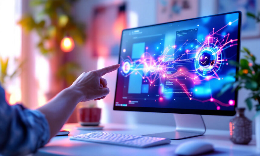 En hånd peger på en computerskærm, der viser farverig, futuristisk digital grafik og interface-elementer. Det moderne arbejdsområde er blødt oplyst, og der ligger et tastatur og en mus på skrivebordet. - Kunstig intelligens AI