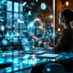 En kvinde sidder ved et skrivebord med en bærbar computer, holder en kop og ser på en stor digital skærm, der viser futuristiske datavisualiseringer, diagrammer og netværksforbindelser i et højteknologisk kontormiljø. - Kunstig intelligens AI