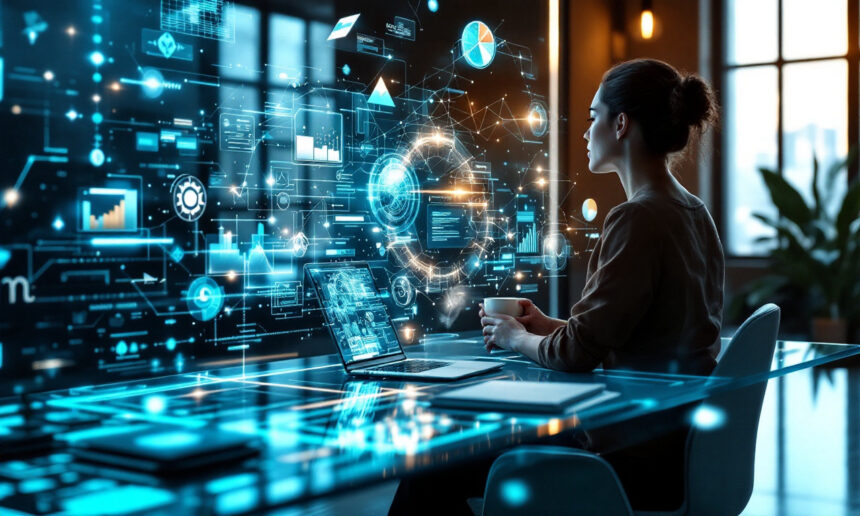 En kvinde sidder ved et skrivebord med en bærbar computer, holder en kop og ser på en stor digital skærm, der viser futuristiske datavisualiseringer, diagrammer og netværksforbindelser i et højteknologisk kontormiljø. - Kunstig intelligens AI