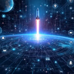 En raket skydes ud i rummet over en digital, futuristisk jord, omgivet af lysende teknologiikoner og netværkslinjer, der symboliserer global opkobling og teknologisk udvikling. - Kunstig intelligens AI
