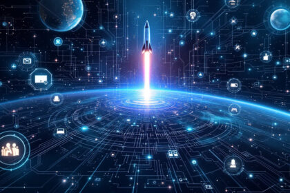 En raket skydes ud i rummet over en digital, futuristisk jord, omgivet af lysende teknologiikoner og netværkslinjer, der symboliserer global opkobling og teknologisk udvikling. - Kunstig intelligens AI