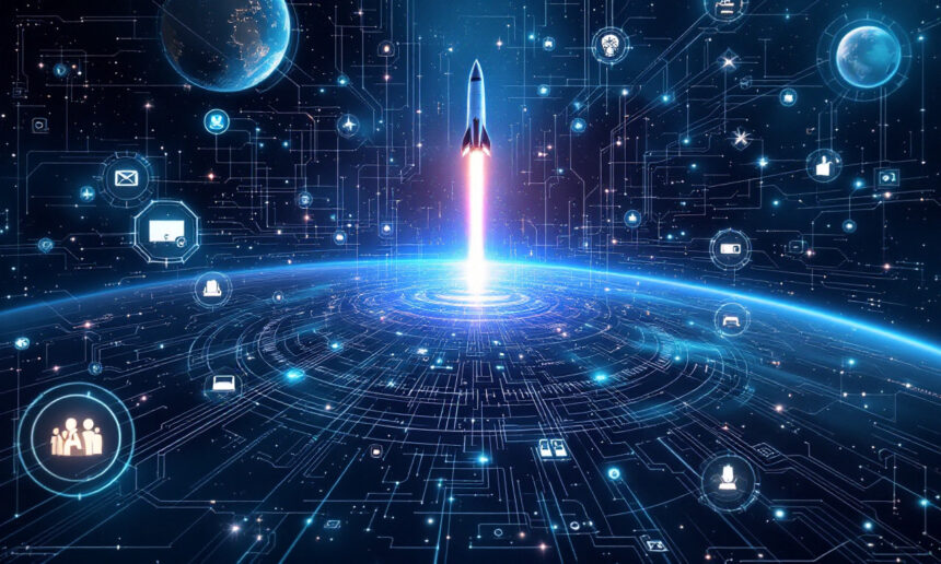 En raket skydes ud i rummet over en digital, futuristisk jord, omgivet af lysende teknologiikoner og netværkslinjer, der symboliserer global opkobling og teknologisk udvikling. - Kunstig intelligens AI