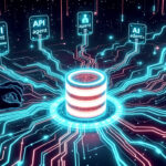 Neonfarvet digital illustration af en central dataserver, der er forbundet med flere API-agentnoder, med kredsløbslignende linjer og to hænder, der rækker ud fra hver side og symboliserer dataudveksling og forbindelse. - Kunstig intelligens AI