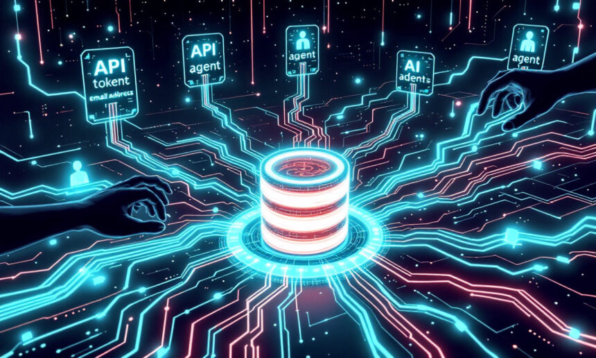 Neonfarvet digital illustration af en central dataserver, der er forbundet med flere API-agentnoder, med kredsløbslignende linjer og to hænder, der rækker ud fra hver side og symboliserer dataudveksling og forbindelse. - Kunstig intelligens AI