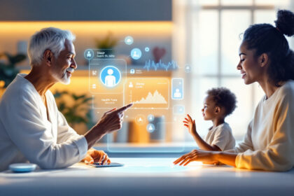 En læge bruger futuristiske digitale sundhedskort, mens han taler med en smilende mor og hendes lille barn i et lyst, moderne kontormiljø. Holografiske medicinske data svæver mellem dem på bordet. - Kunstig intelligens AI