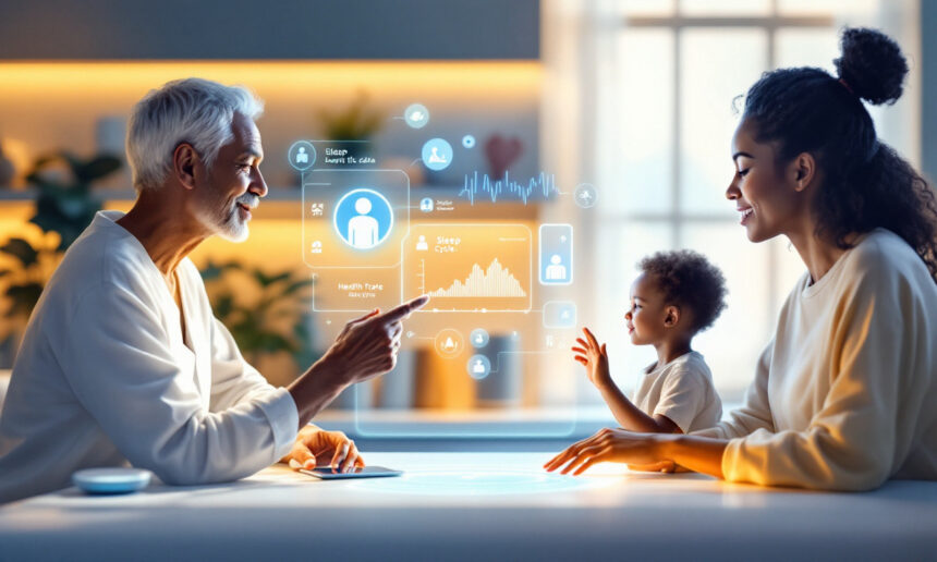 En læge bruger futuristiske digitale sundhedskort, mens han taler med en smilende mor og hendes lille barn i et lyst, moderne kontormiljø. Holografiske medicinske data svæver mellem dem på bordet. - Kunstig intelligens AI