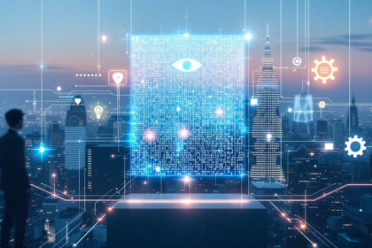 En person står på et tag med udsigt over byens skyline og kigger på en lysende digital skærm med et øjensymbol og en kode, omgivet af futuristiske data- og teknologiikoner. - Kunstig intelligens AI