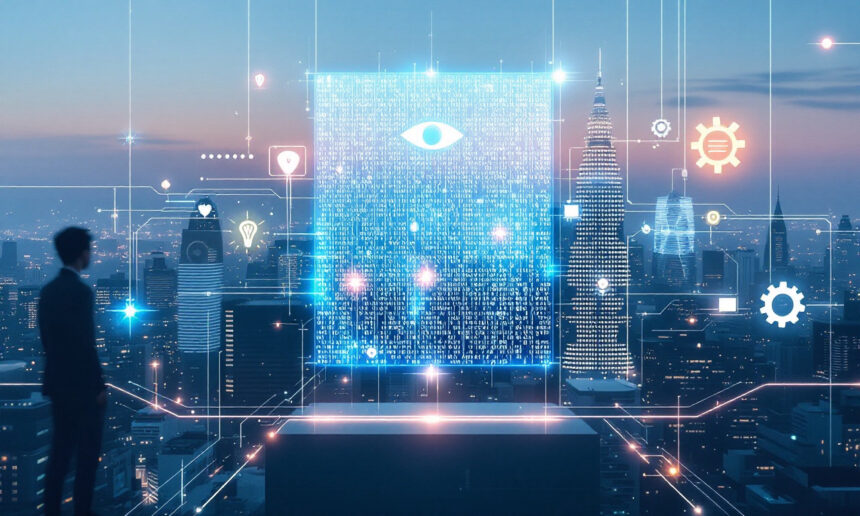 En person står på et tag med udsigt over byens skyline og kigger på en lysende digital skærm med et øjensymbol og en kode, omgivet af futuristiske data- og teknologiikoner. - Kunstig intelligens AI