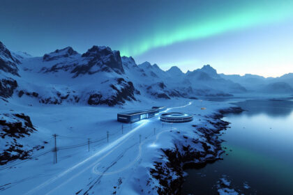 Et moderne bygningskompleks med glødende blå lys ligger i et snedækket landskab ved siden af bjerge og en sø under et grønt nordlys på nattehimlen. - Kunstig intelligens AI