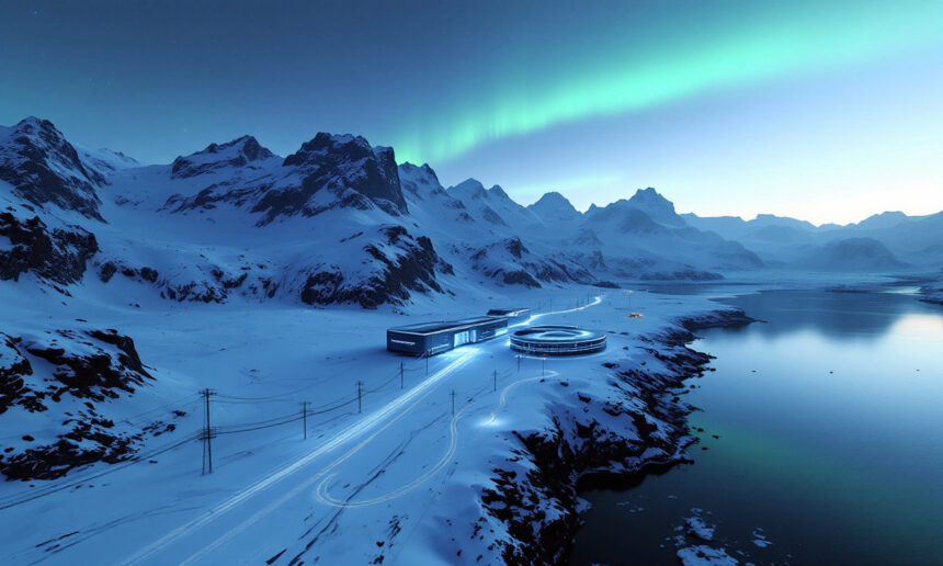 Et moderne bygningskompleks med glødende blå lys ligger i et snedækket landskab ved siden af bjerge og en sø under et grønt nordlys på nattehimlen. - Kunstig intelligens AI