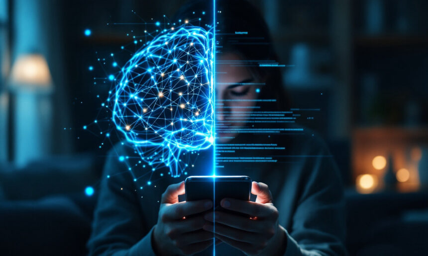 En person med en smartphone sidder i et svagt oplyst rum med en lysende digital hjerne og datastrømme ovenpå, hvilket fremhæver forbindelsen mellem teknologi og menneskelig kognition. - Kunstig intelligens AI