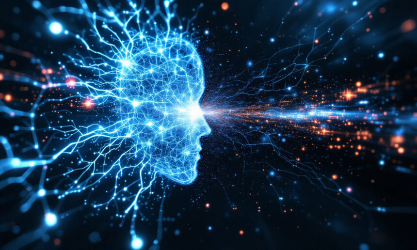 Et lysende, digitalt menneskehoved lavet af blå neurale netværkslinjer er forbundet med lysende orange og blå datastrømme, der symboliserer kunstig intelligens, teknologi og databehandling på en mørk baggrund. - Kunstig intelligens AI